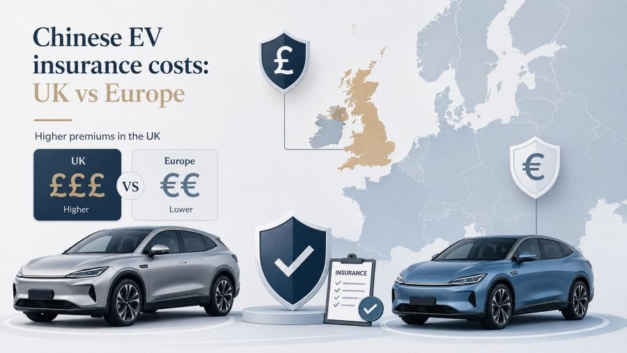 Infographic comparing Chinese EV insurance costs in the UK and Europe