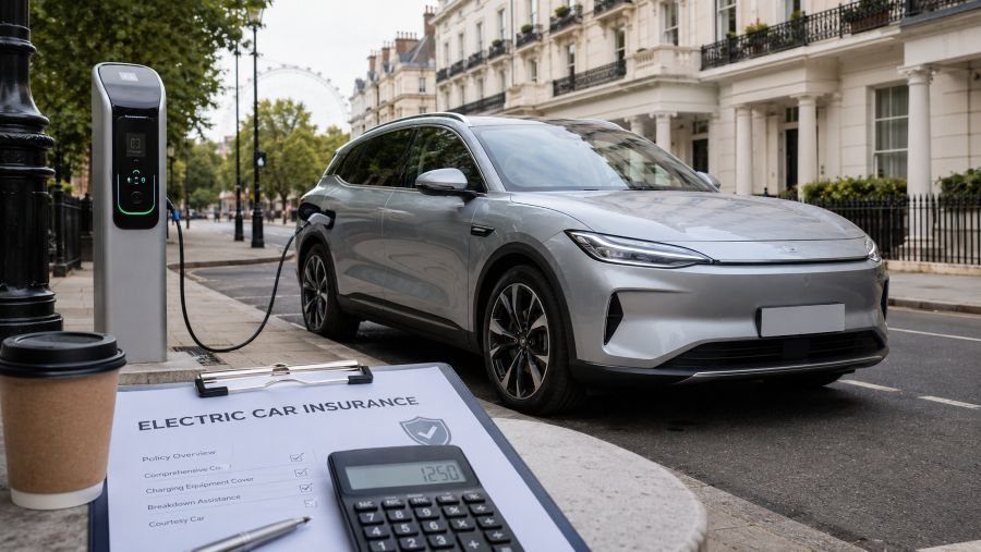 Chinese electric car charging in the UK with insurance paperwork and calculator showing ownership costs