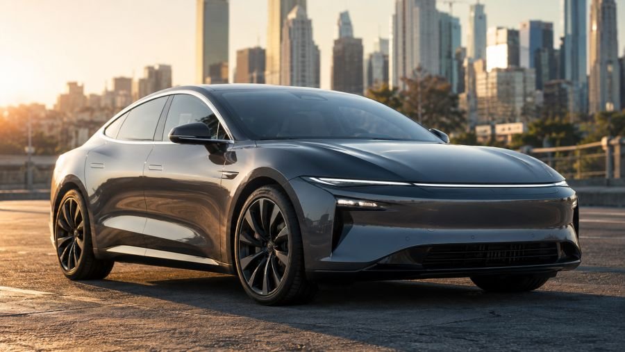 Sleek Chinese electric sedan parked on an American city street at golden hour