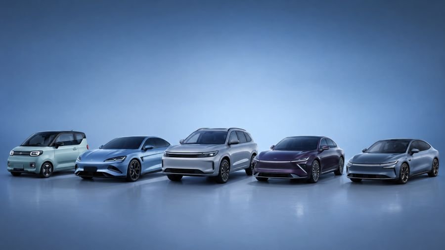 Studio lineup of five modern Chinese electric vehicles in different body styles