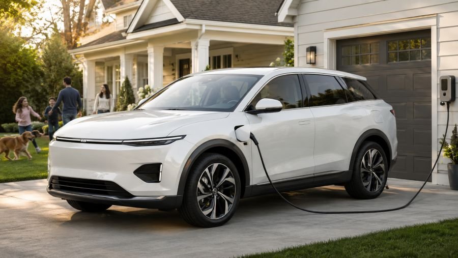 Modern Chinese electric SUV charging in a suburban American driveway