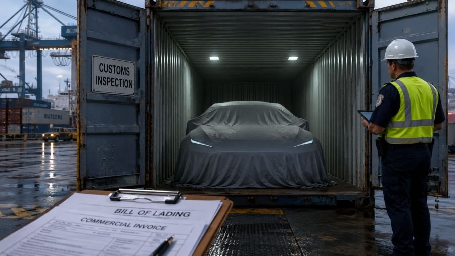 Electric car inside a shipping container at a US port awaiting customs clearance