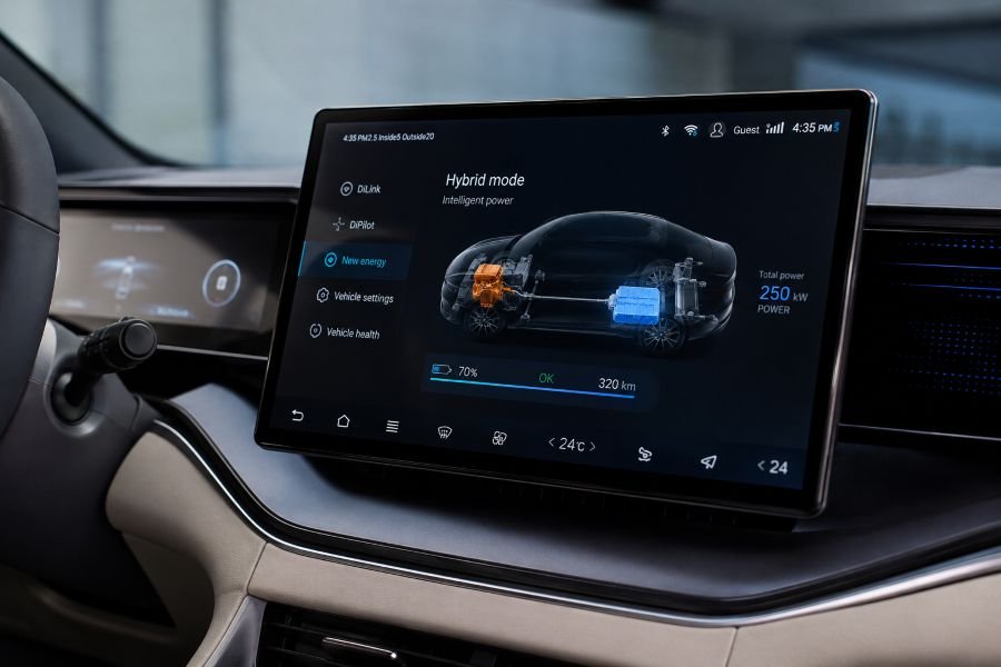 Hybrid car dashboard with advanced display showing hybrid system