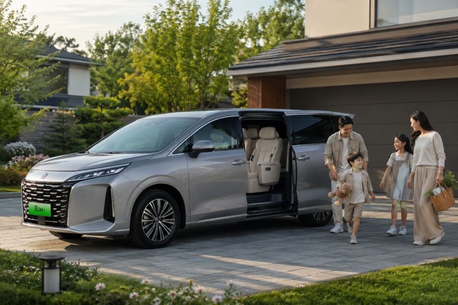 Family enjoying spacious hybrid SUV with sliding doors open