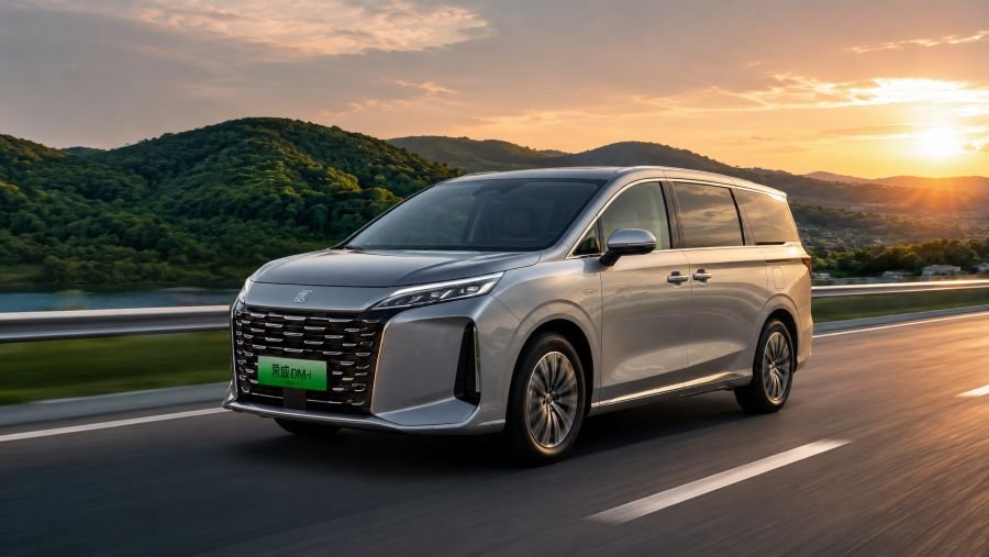 Chinese hybrid SUV driving on highway through green landscape