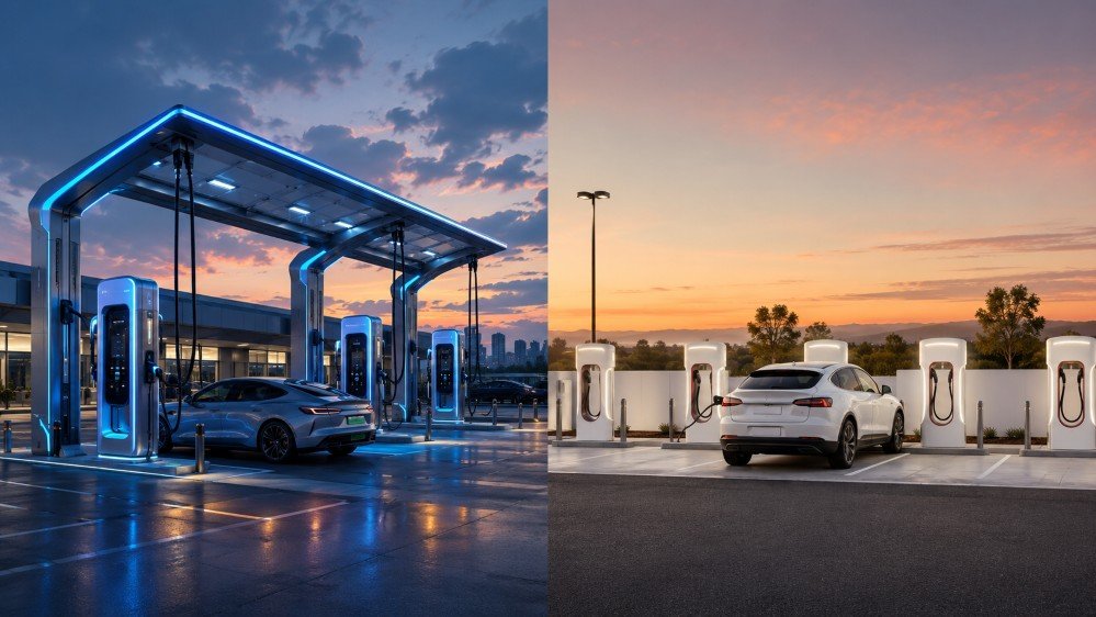 Chinese megawatt flash charger compared with an American style Supercharger station