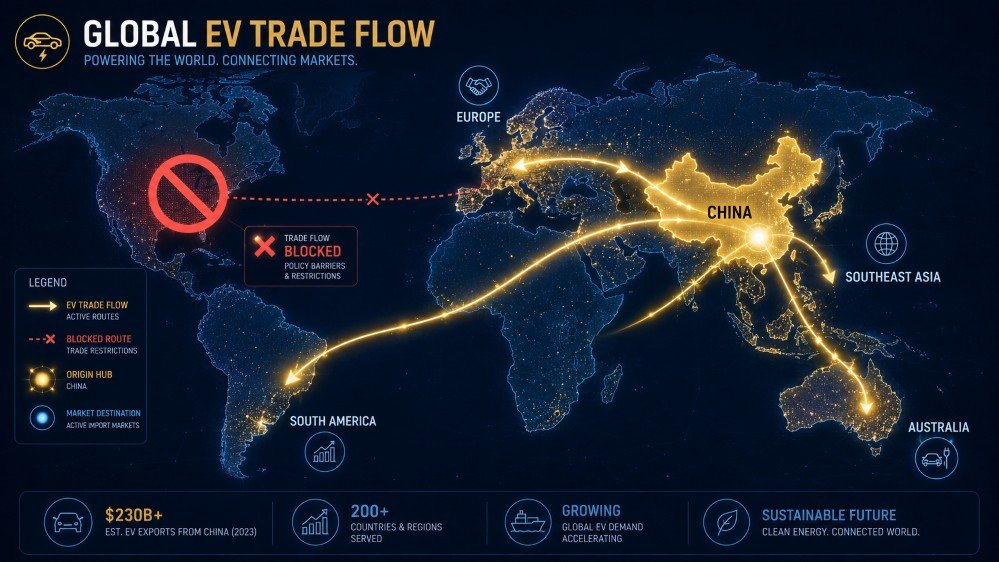 Global map showing where Chinese EVs compete directly and where tariffs block them
