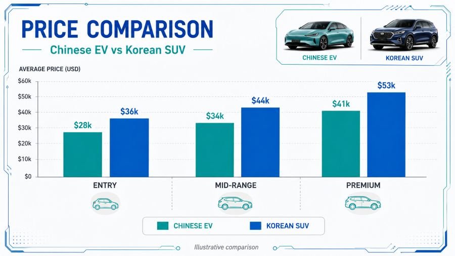 Price comparison chart showing Chinese EV, Korean sedan, and Japanese SUV pricing across market segments