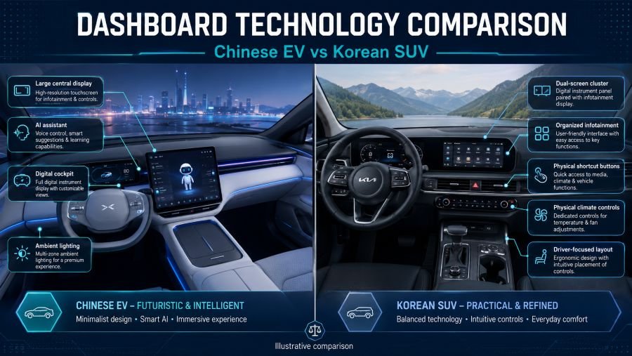 Dashboard technology comparison showing Chinese EV advanced interface vs Korean vehicle traditional setup