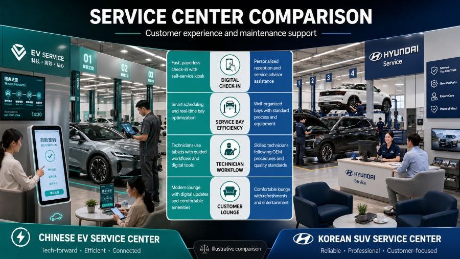 Service center comparison showing modern XPeng service facility vs traditional Hyundai dealership