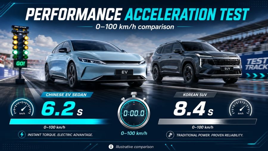 Performance acceleration test comparison chart showing Chinese EV vs Korean vehicle 0-60 times and efficiency ratings
