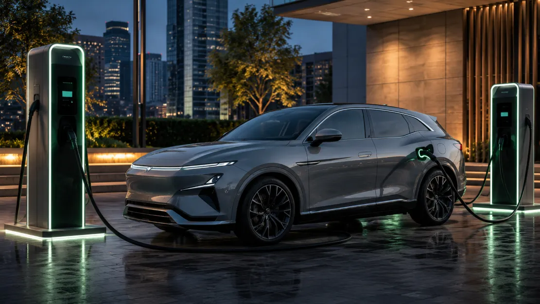 Denza N7 using dual-gun DC fast charging at a modern charging station