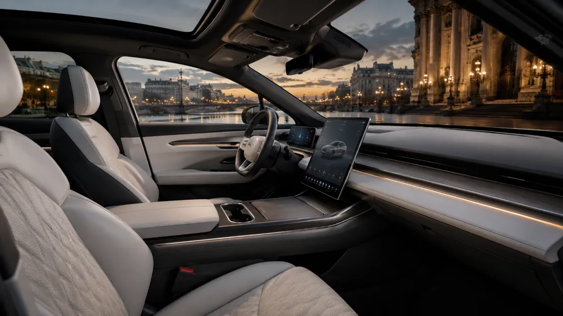 Denza N7 premium interior with large touchscreen, leather seats and ambient lighting