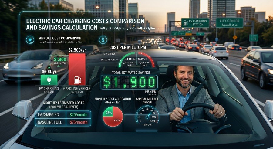 Electric car charging costs comparison and savings calculation