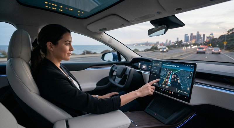 Electric car technology features autonomous driving touchscreen