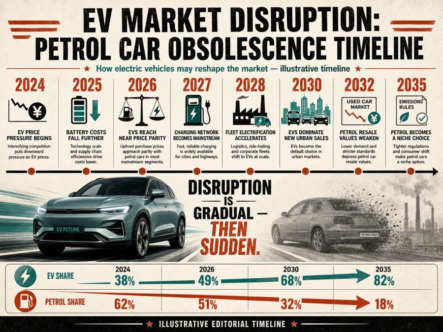EV market disruption petrol car obsolescence timeline automotive future