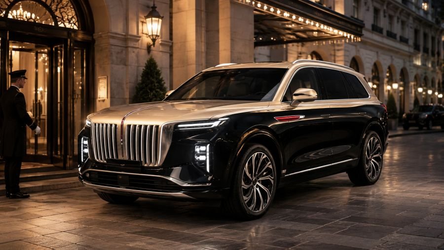 Hongqi E-HS9 full-size electric luxury SUV outside a European hotel