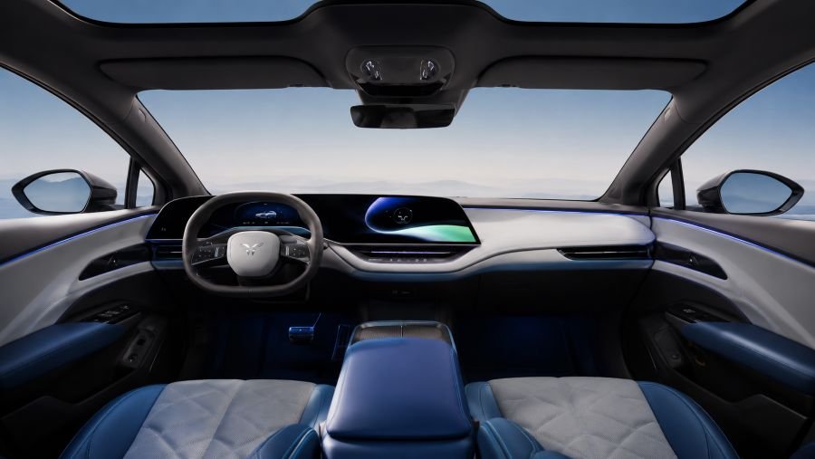 Luxury interior of the Hongqi EH7 with large central touchscreen