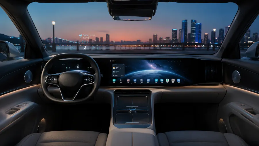 Chinese smart car cockpit running an advanced in-car operating system with large displays