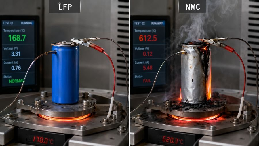 Battery thermal runaway test comparison - LFP versus NMC safety demonstration