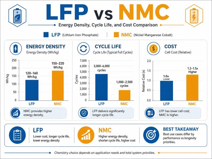 Energy density comparison chart - LFP vs NMC battery performance metrics