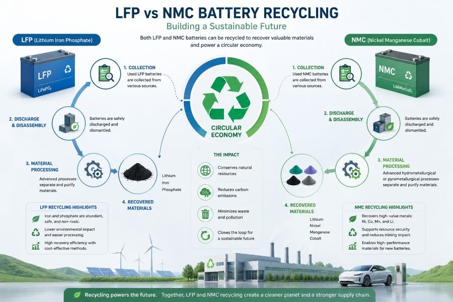 Battery recycling process comparison - environmental impact analysis of LFP versus NMC