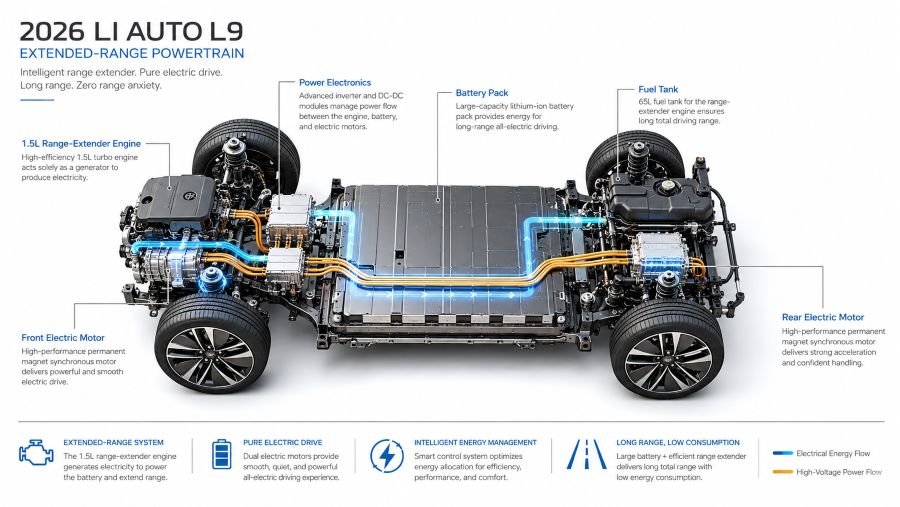 Li Auto L9 2026 extended-range EREV powertrain cutaway diagram