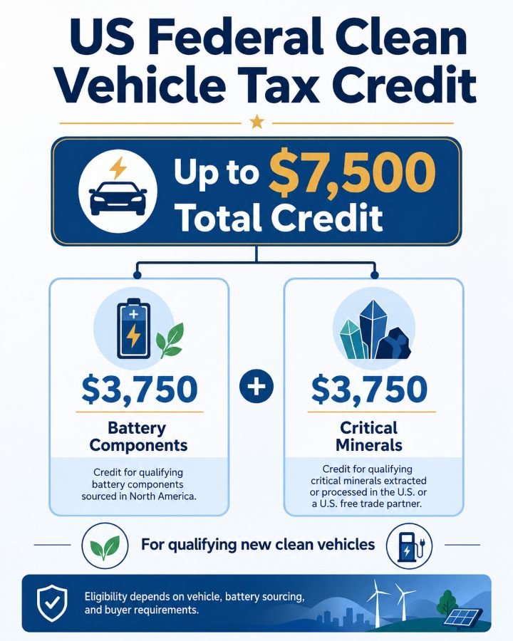 US federal clean vehicle tax credit infographic showing $7500 incentive structure and eligibility requirements