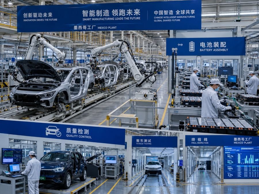 Mexico manufacturing plant with automated assembly lines producing electric vehicles, showing Chinese brand signage