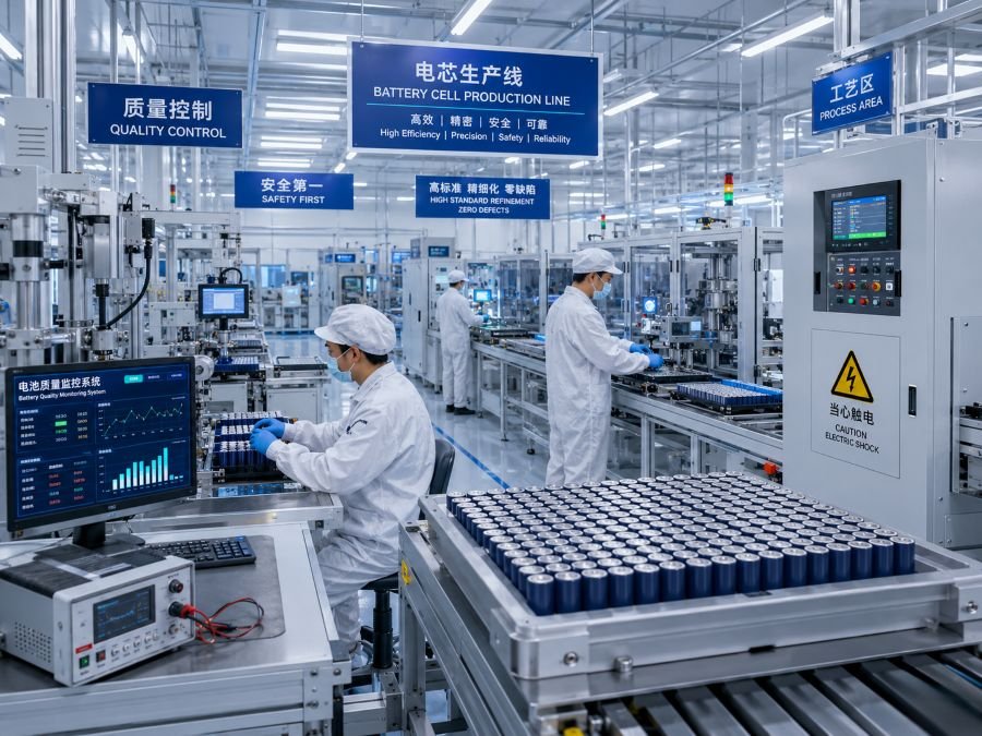 Battery production facility showing lithium-ion battery cells with Chinese manufacturing technology and quality control testing
