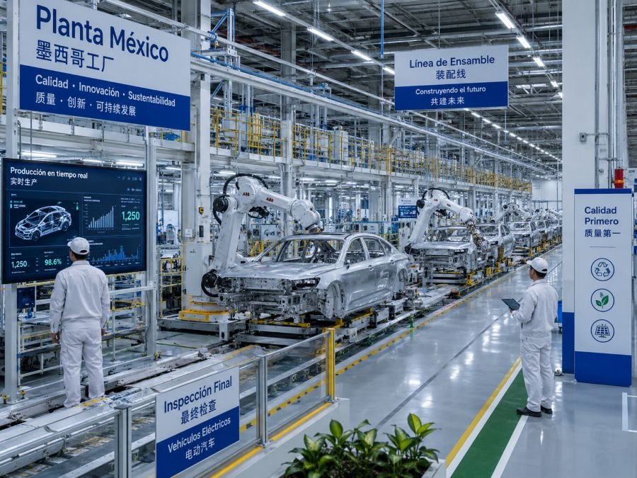 Future vision: Modern electric vehicle assembly line in Mexico with Chinese brand quality control and automation technology