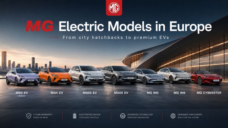 MG electric models in Europe including MG4 EV, MGS5 EV, MGS6 EV, IM5, IM6 and Cyberster