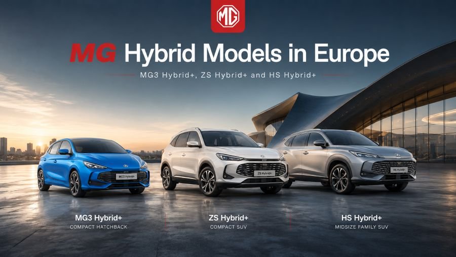 MG hybrid models in Europe including MG3 Hybrid+, ZS Hybrid+ and HS Hybrid+