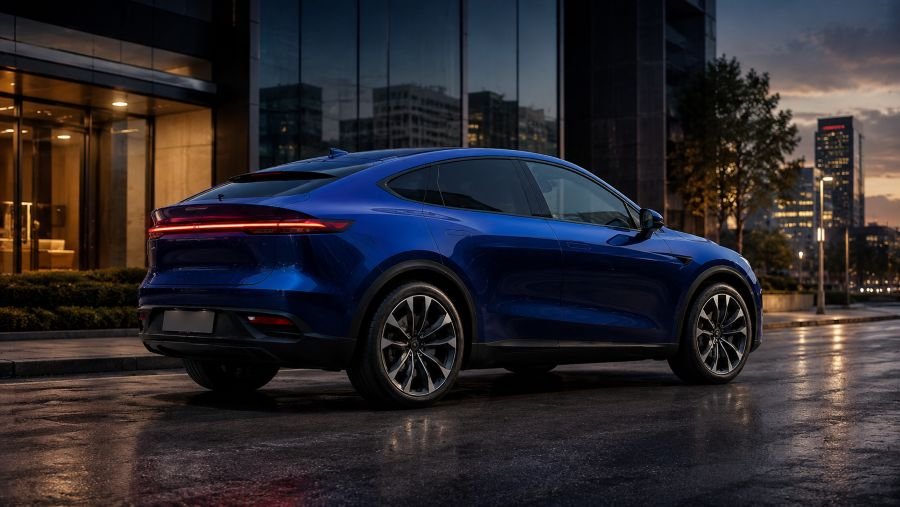 Polestar 4 coupe SUV rear view showing its windowless rear design