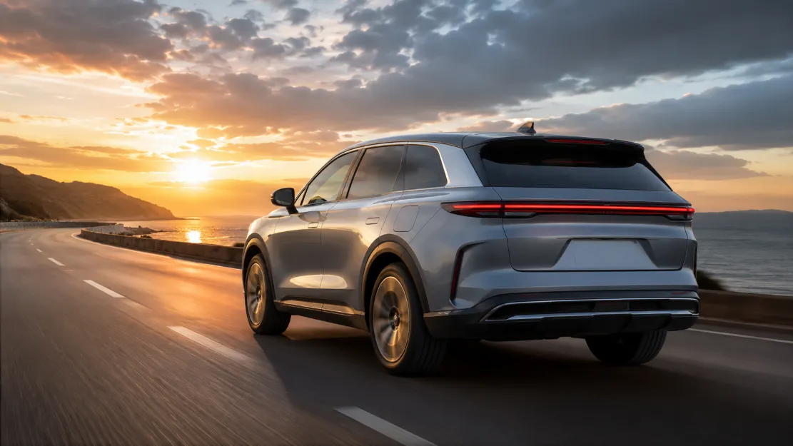 Silver plug-in hybrid SUV driving along a coastal highway at sunset, shot from the rear three-quarter angle
