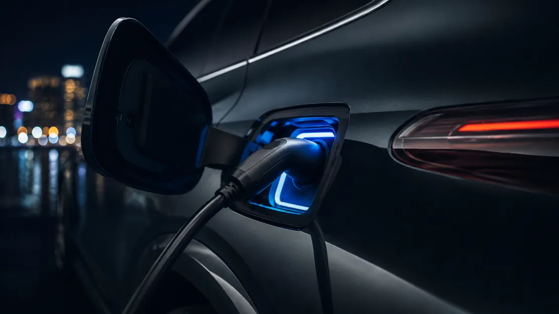 Close-up of a plug-in hybrid SUV charging port glowing at night with a connected cable