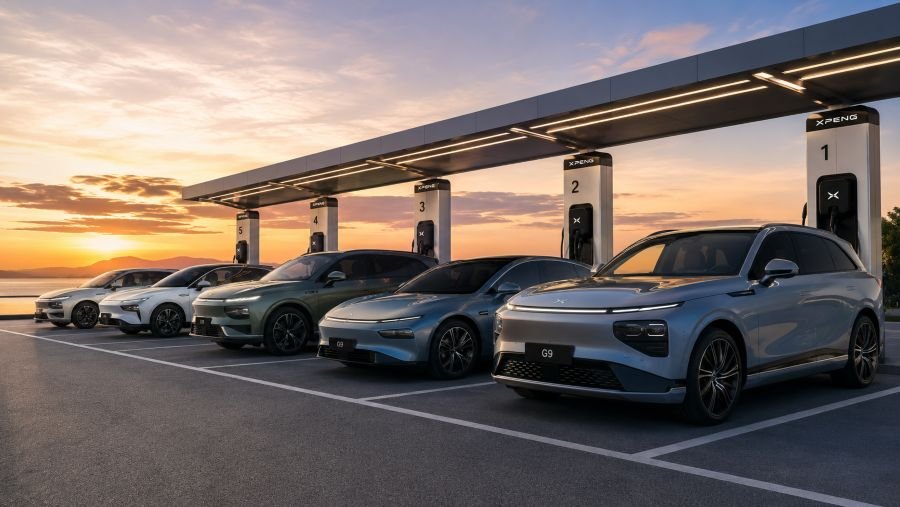 Collection of Chinese electric cars lined up in modern charging station with sunset background