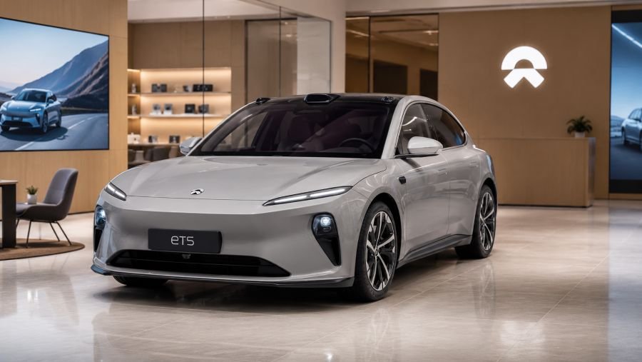 NIO ET5 sleek modern electric sedan displayed in premium dealership showroom with futuristic interior
