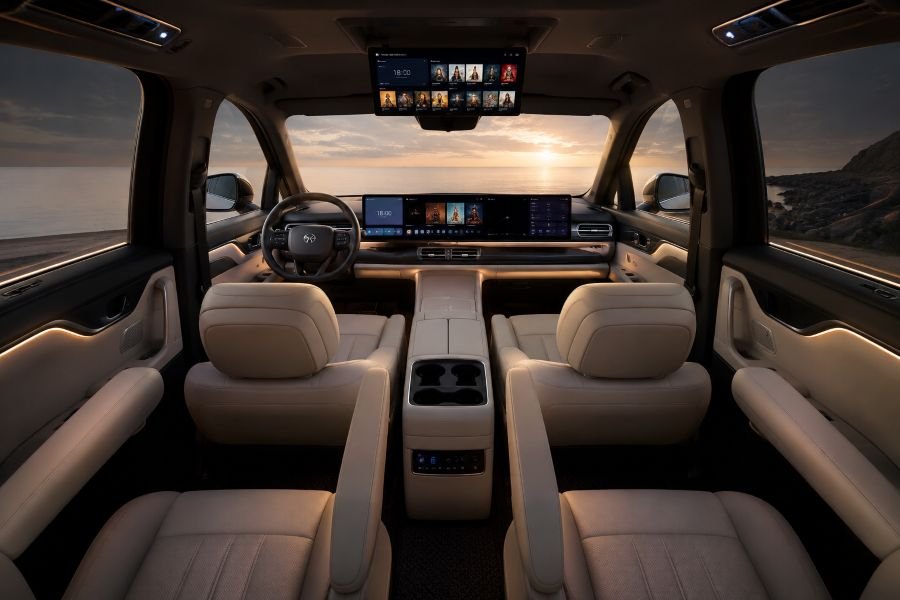 Li Auto Mega spacious luxury seven-seater SUV interior showing premium leather seats and digital dashboard