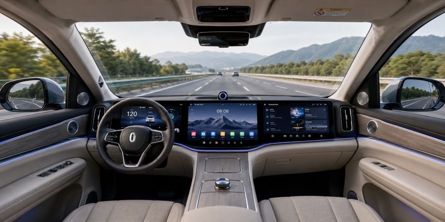 AITO Problem-Solver M9 premium SUV on highway with digital smart features displayed on dashboard