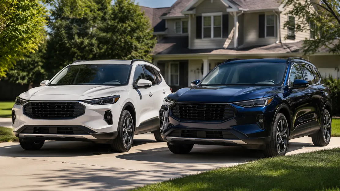 Two modern midsize SUVs parked side by side in a sunny American suburban driveway