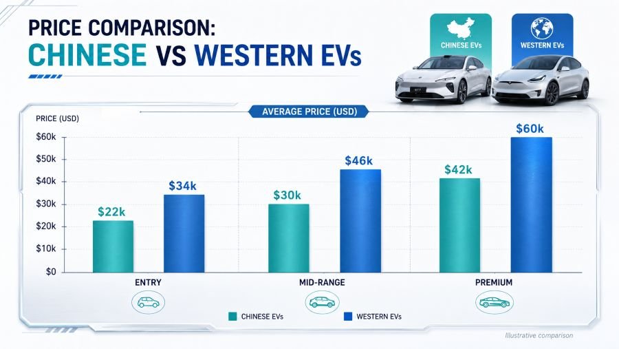 Comparison chart showing Chinese EV prices vs Western EV prices with cost breakdown analysis