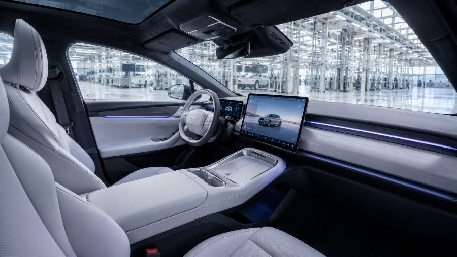 Interior view of XPeng P7 Plus showing modern technology and premium materials at affordable price point
