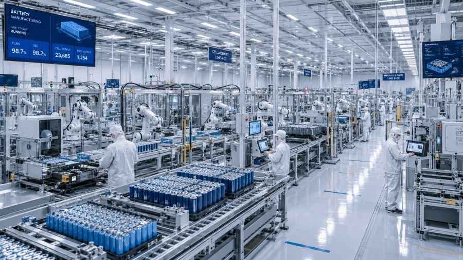 Battery manufacturing facility showing advanced production line with quality assurance robots