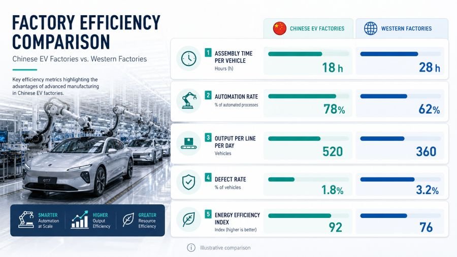 Comparison of American, European and Chinese EV factories showing efficiency metrics and production output