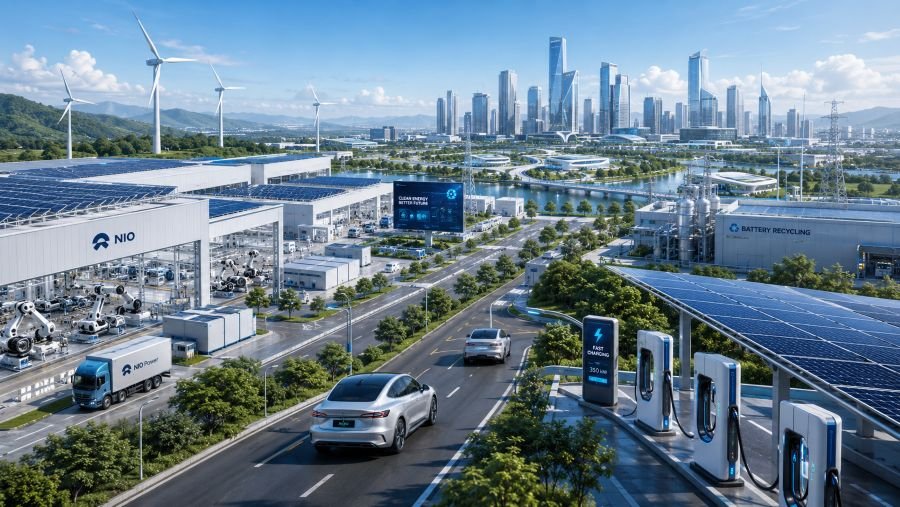 Future vision of affordable Chinese EV ecosystem showing sustainable manufacturing and green energy integration