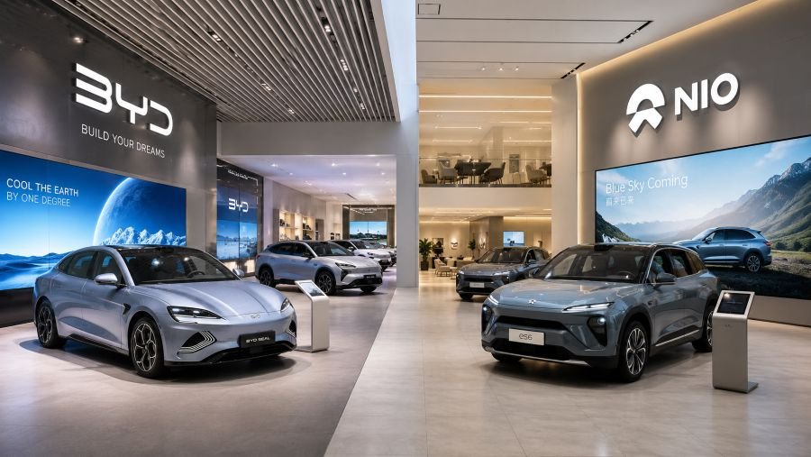 Luxury showroom displays with BYD and NIO vehicles showcasing brand experience centers in modern architecture