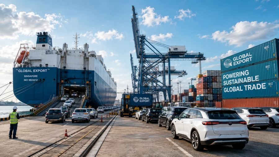 Global port with shipping containers and electric vehicles loaded for international export to multiple countries