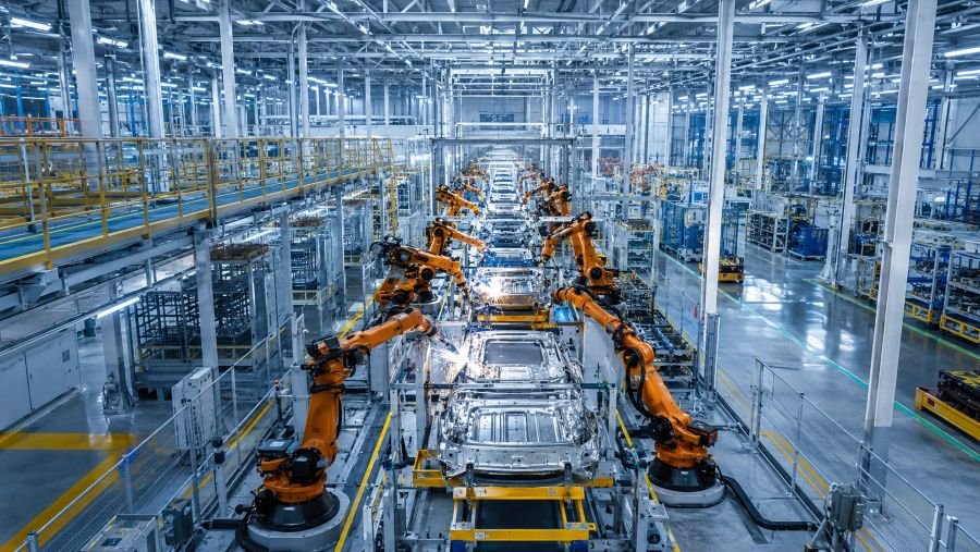 Highly automated Chinese EV factory assembly line producing electric cars at scale