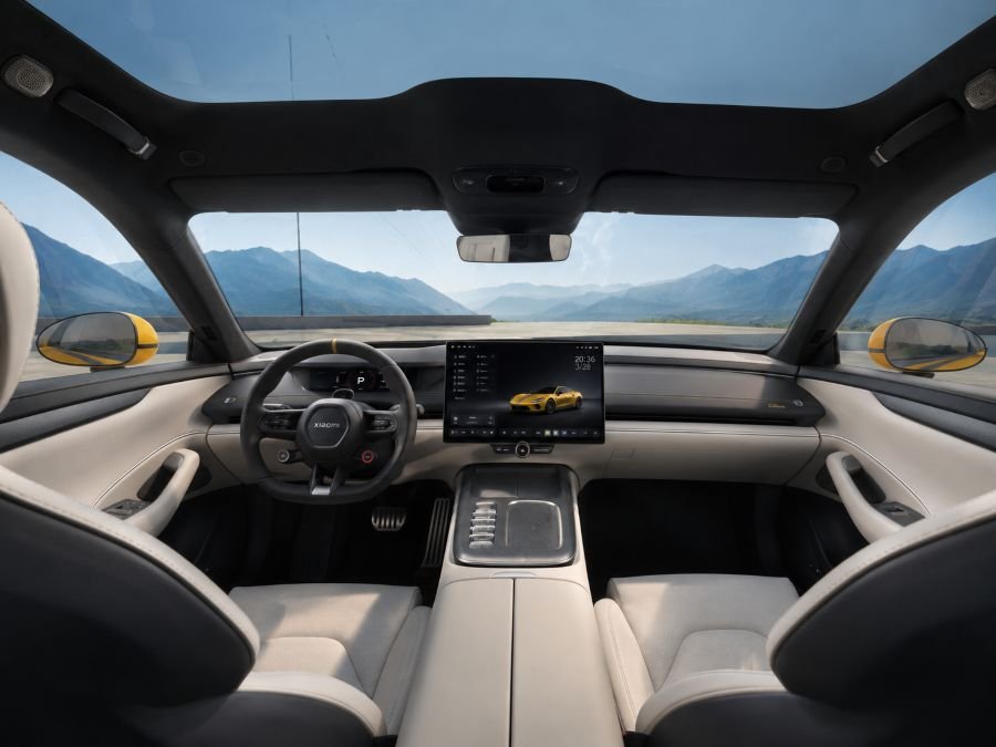 Xiaomi SU7 Ultra interior cockpit view showing panoramic glass roof and advanced dashboard design